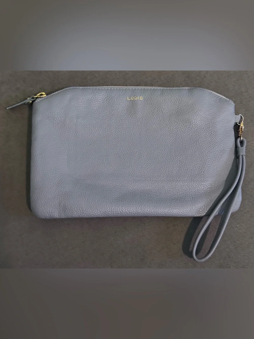 Lodis Small Pebble Leather Wristlet Clutch in Periwinkle with Gold Logo